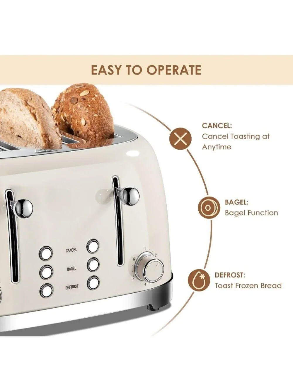 4 Slice Cream Retro Stainless Steel with Bagel Defrost Cancel Function Toaster